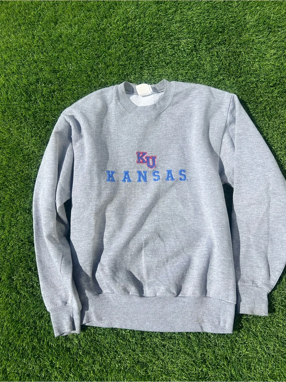J. Crew Gray Crewneck with Blue KANSAS Script and Red KU Emblem